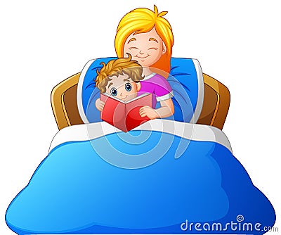 Cartoon mother reading bedtime story to son on bed Vector Illustration