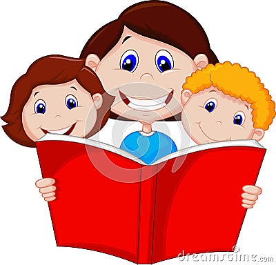 Cartoon Mother reading book to her children Vector Illustration
