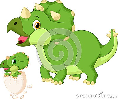Cartoon Mother triceratops with baby hatching Vector Illustration