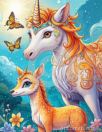 Cartoon Mother Unicorn and Baby with Orange Manes and Blue Eyes. They stand in a field of flowers, and orange butterflies fly Stock Photo