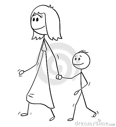 Cartoon of Mother Walking With Son and Holding His Hand Vector Illustration
