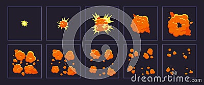 Cartoon motion explosions. Animated explosion shot, explode fire frames. Exploding effect frames vector illustration set Vector Illustration