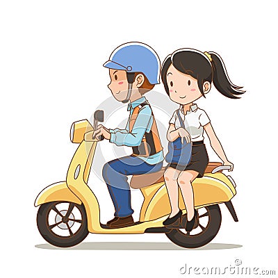 Cartoon motorbike taxi rider and the girl riding pillion on a motorcycle taxi. Vector Illustration