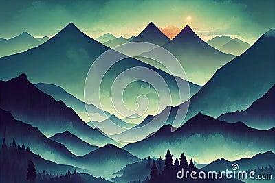cartoon mountain illustration of a foggy scenery, ai generated image Cartoon Illustration