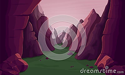 Cartoon mountain landscape. Red canyon, nature adventure in stone park. View from rock gorge, beautiful cliffs and Vector Illustration