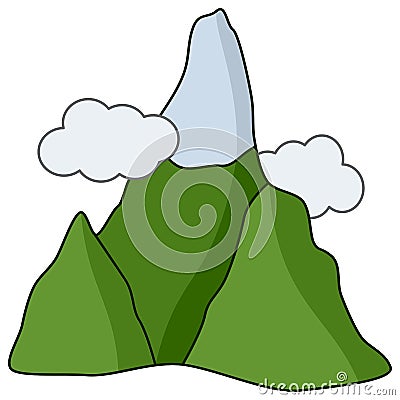 Cartoon Mountain with Snow & Clouds Icon Vector Illustration