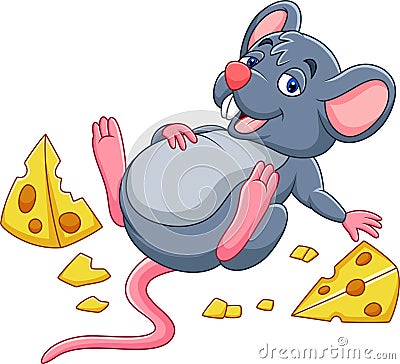 Cartoon mouse with a cheese and full belly Vector Illustration