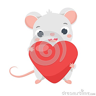 Cartoon mouse. Cute rat hold red heart Vector Illustration