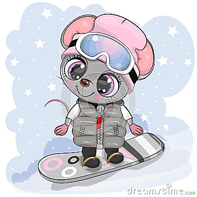 Cartoon Mouse Girl on a snowboard on a blue background Vector Illustration