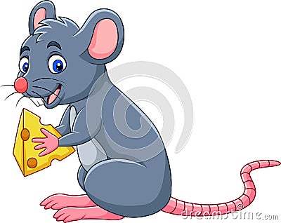 Cartoon mouse holding slice of cheese Vector Illustration