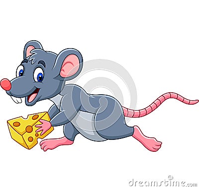 Cartoon mouse running with slice of cheese Vector Illustration