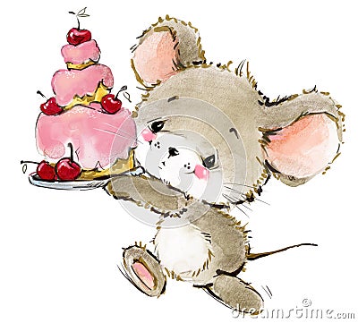 Cartoon mouse watercolor illustration. cute mice. Cartoon Illustration