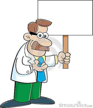 Cartoon moustache wearing a lab coat and holding a large sign. Vector Illustration