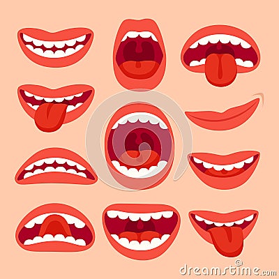 Cartoon mouth elements collection. Show tongue, smile with teeth, expressive emotions, smiling mouths and phonemes Vector Illustration