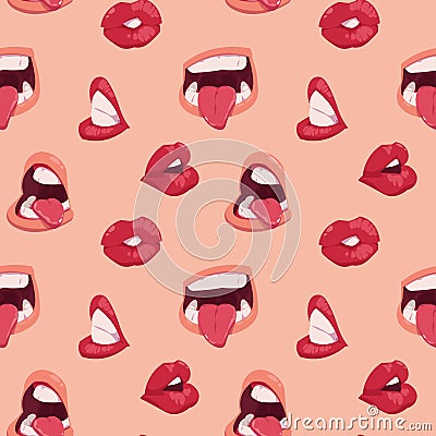 Cartoon mouth pattern. Seamless print of face expressions with opened and closed mouth, lips teeth and tongue. Vector Vector Illustration