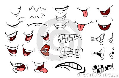 Cartoon Mouth Set. Tongue, Smile, Teeth. Expressive Emotions. Si Vector Illustration