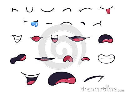 Cartoon mouths. Caricature funny characters mouth with lips, teeth and tongue with various expressions. Angry, laugh Vector Illustration