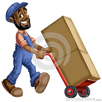 Cartoon of Mover pushing boxes Stock Photo