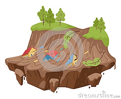 Cartoon mudflow, natural disaster. Landslide, mud stream with stones, washed away houses, mudflows extreme cataclysm disaster flat Vector Illustration