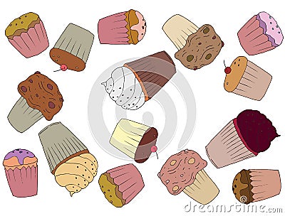 Cartoon muffins colored doodle set chocolate cakes hand draw cupcakes cafe Vector Illustration