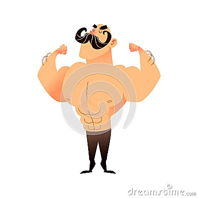 Cartoon muscular man with a mustache. Funny athletic guy. Bald man proudly shows his muscles in strong arms. flat Cartoon Illustration