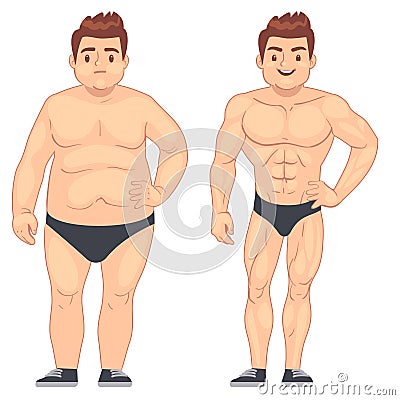 Cartoon muscular and fat man, guy before and after sports. weight loss and diet vector lifestyle concept Vector Illustration