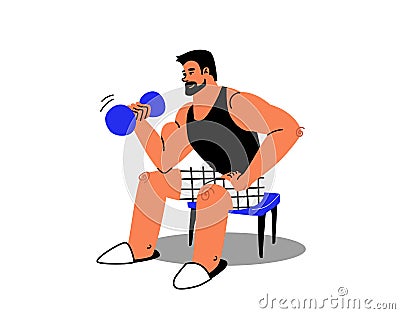 Cartoon muscular man exercising at home in slippers. A tanned contented man in a black T-shirt shakes his biceps on a chair. Vector Illustration