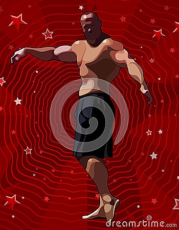 Cartoon muscular man in shorts posing dancing on a red background with stars Vector Illustration