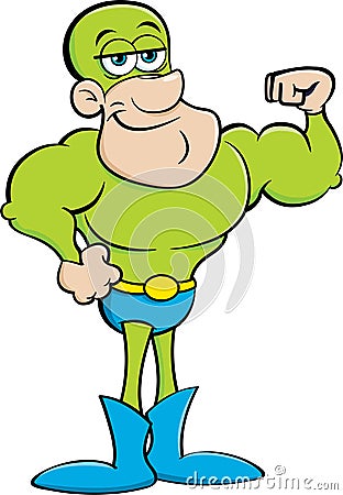 Cartoon muscular strongman in a costume making a muscle. Vector Illustration