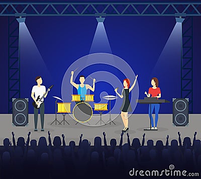 Cartoon Music Band on Stage Card Poster. Vector Vector Illustration