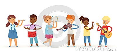 Cartoon musician kids, vector illustration for children music. Boys and girls music band. Set of cute school musical Vector Illustration