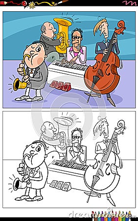 Cartoon musicians characters band coloring book page Vector Illustration