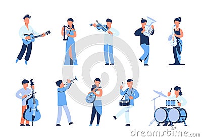Cartoon musicians. Men and women playing musical instruments, street musicians and orchestra members. Vector symphony Vector Illustration