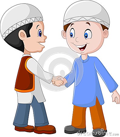 Cartoon Muslim Boys Shaking Hands Vector Illustration