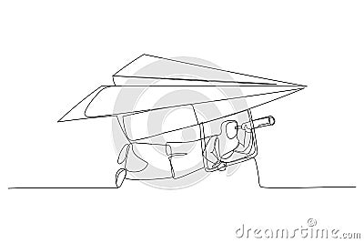 Cartoon of muslim businesswoman flying paper airplane origami as glider with telescope to see future. Future forecast or discover Vector Illustration