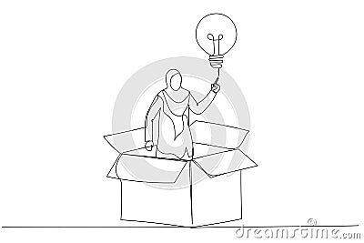 Cartoon of muslim businesswoman get out of paper box with new illumination lightbulb idea. Think outside the box. Continuous line Vector Illustration