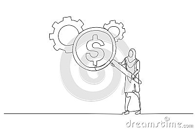 Cartoon of muslim businesswoman with magnifier showing dollar money reflection looking at gear cogwheel concept of cost efficient Vector Illustration
