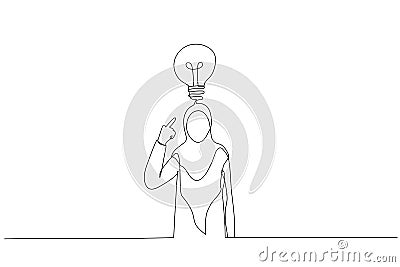 Cartoon of muslim businesswoman pointing to head with one finger found and remember idea. One line style art Vector Illustration