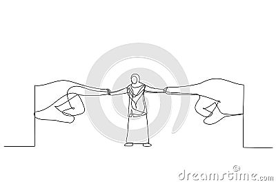 Cartoon of muslim businesswoman resisting pressure from two pointing giant hand. One line style art Vector Illustration