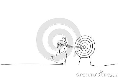 Cartoon of muslim businesswoman shooting target with arrow. Metaphor for market goal achievement, financial aim. Single continuous Vector Illustration