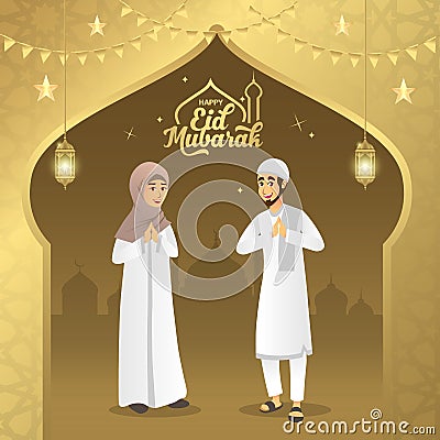 Eid mubarak greeting card. Cartoon muslim couple blessing Eid al fitr on gold background. vector illustration Vector Illustration