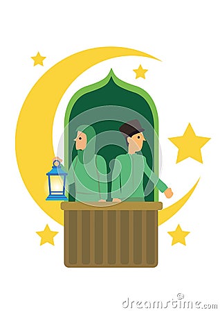 Cartoon muslim couple with crescent moon, stars and in a white background Vector Illustration