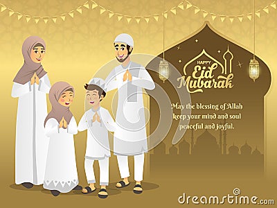 Eid mubarak greeting card. Cartoon muslim family blessing Eid al fitr on gold background. vector illustration Vector Illustration