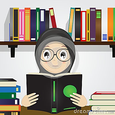 Cartoon of Muslim Girl Reading a Book. Vector Illustration