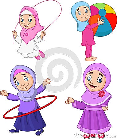 Cartoon muslim girls with different hobbies Vector Illustration