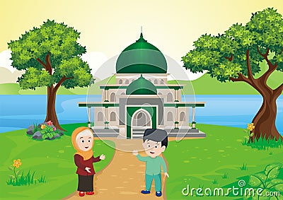Cartoon Muslim - islamic kids in front of mosque Cartoon Illustration