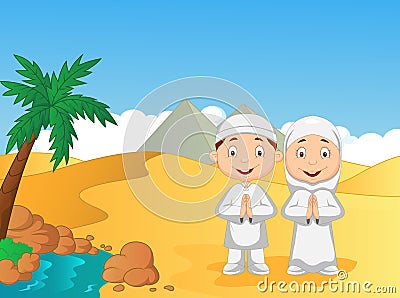 Cartoon Muslim kids with pyramid background Vector Illustration