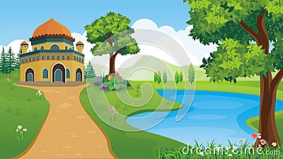 Cartoon Muslim - mosque With beautiful landscape Stock Photo