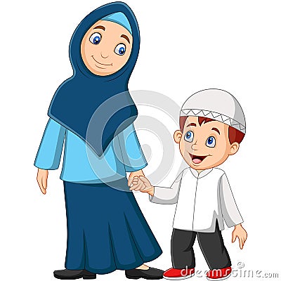 Cartoon Muslim mother with her son Vector Illustration