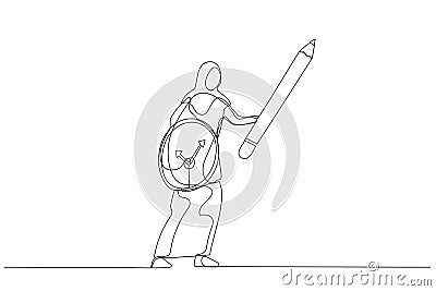 Cartoon of muslim woman using pencil as sword and clock as shield concept of procrastination or time management. Single line art Vector Illustration